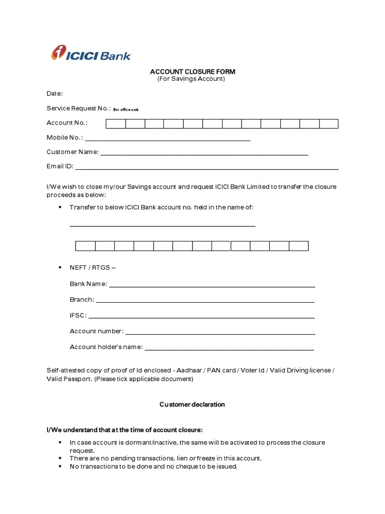 ICICI Bank Account Closure Form PDF